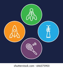 Shuttle icons set. set of 4 shuttle outline icons such as rocket, badminton, shuttlecock