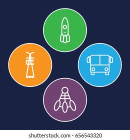 Shuttle icons set. set of 4 shuttle outline icons such as airport bus, shuttlecock, rocket