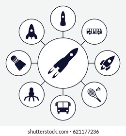 Shuttle icons set. set of 9 shuttle filled icons such as airport bus, rocket, Shuttlecock