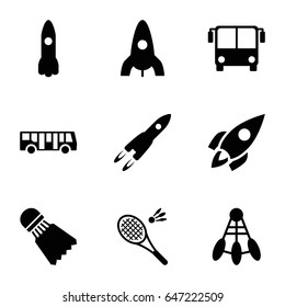 Shuttle icons set. set of 9 shuttle filled icons such as airport bus, rocket, shuttlecock, badminton