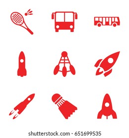 Shuttle icons set. set of 9 shuttle filled icons such as airport bus, rocket, shuttlecock, badminton