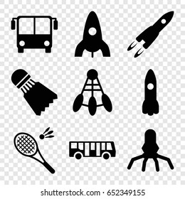 Shuttle icons set. set of 9 shuttle filled icons such as airport bus, rocket, shuttlecock, badminton