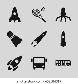 Shuttle icons set. set of 9 shuttle filled icons such as airport bus, rocket, shuttlecock