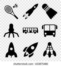Shuttle icons set. set of 9 shuttle filled icons such as airport bus, rocket, shuttlecock, badminton