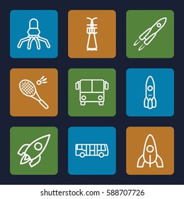 shuttle icons set. Set of 9 shuttle outline icons such as airport bus, rocket, badminton