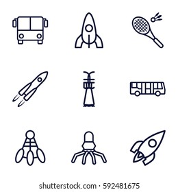 shuttle icons set. Set of 9 shuttle outline icons such as airport bus, rocket, badminton, Shuttlecock