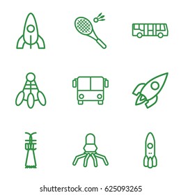 Shuttle icons set. set of 9 shuttle outline icons such as airport bus, rocket, badminton, Shuttlecock