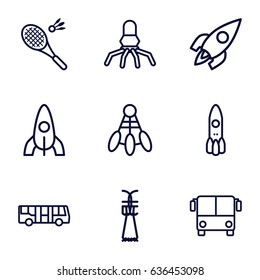 Shuttle icons set. set of 9 shuttle outline icons such as airport bus, rocket, badminton, shuttlecock