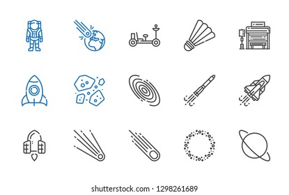 shuttle icons set. Collection of shuttle with uranus, asteroid, comet, spaceship, space shuttle, rocket ship, galaxy, asteroids, rocket, bus stop. Editable and scalable icons.
