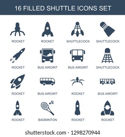 shuttle icons. Trendy 16 shuttle icons. Contain icons such as rocket, shuttlecock, Shuttlecock, bus airoirt, badminton. shuttle icon for web and mobile.