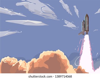 Shuttle Launch Blue Sky Space Ship Taking Off. launch with smoke clouds. Business startup concept. Illustration Background Wallpaper Vector