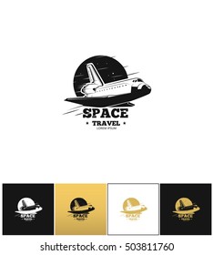 Shuttle logo or space travel vector icon. Shuttle logo or space travel program on black, white and gold background