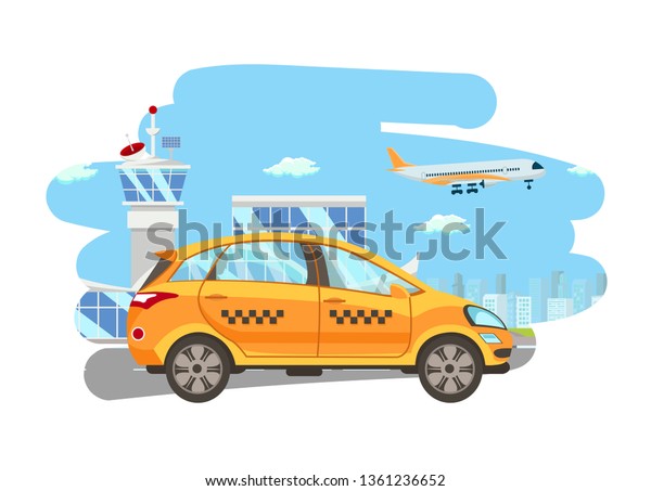 Shuttle Services Flat Vector Cartoon Illustration.\
Transfer. Taxi Riding on Road, Airport Building, Plane Taking Off\
Isolated Drawing. Terminal. Cityscape. Transport Rental.\
Automobile, Cab