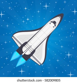 Shuttle in space. Spaceship and space background in flat style. Flying a spacecraft on the starry sky backdrop. Concept of travel to the stars. Vector illustration EPS 10.