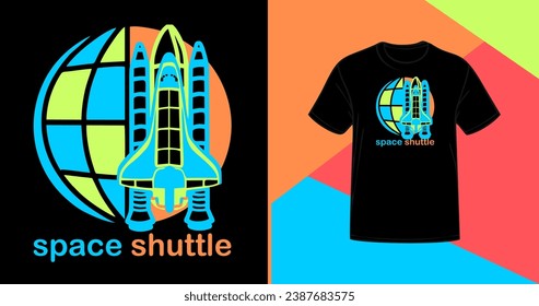 Shuttle Space Vector Design. Earth Line Art on Isolated Black Background. T-Shirt Mockup Vector for Versatile Media Usage