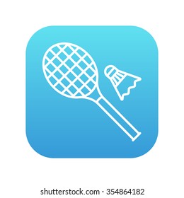 Icono de línea de raqueta de Shuttlecock y badminton para web, móvil e infografía. Icono de blanco vector en el cuadrado de gradiente azul con esquinas redondeadas aisladas en fondo blanco.