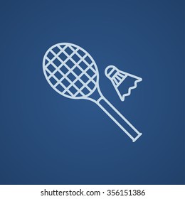 Shuttlecock and badminton racket line icon for web, mobile and infographics. Vector light blue icon isolated on blue background.