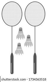 shuttlecock and badminton rackets. Isolated vector illustration. Monocolor drawing