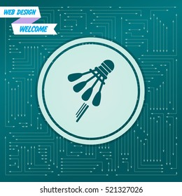 Shuttlecock, badminton, tennis icon on a green background, with arrows in different directions. It appears on the electronic board. Vector illustration