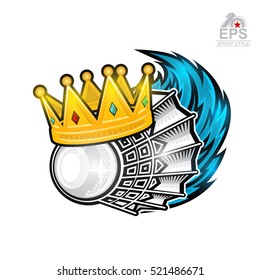 Shuttlecock with crown and blue wind trail. Sport logo isolated on white for any badminton team or championship
