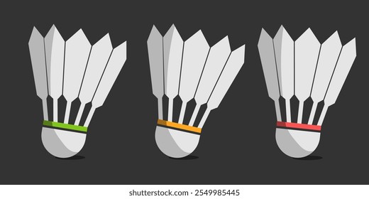 Shuttlecock voa ícone set, inventário badminton. Ilustração vetorial em plano, estilo cartoon em fundo cinza e transparente