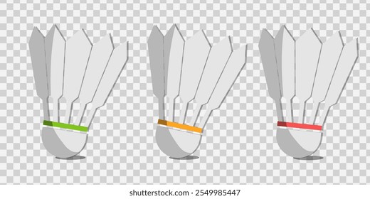 Shuttlecock voa ícone set, inventário badminton. Ilustração vetorial em plano, estilo cartoon em fundo cinza e transparente