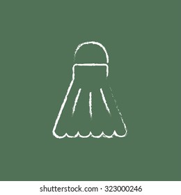 Shuttlecock  hand drawn in chalk on a blackboard vector white icon isolated on a green background.