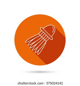 Shuttlecock icon. Badminton sport equipment sign. Speedminton symbol. Round orange web button with shadow.
