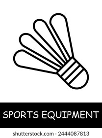 Shuttlecock line icon. Sports equipment, hockey stick, basketball, tennis racket, volleyball, boxing gloves, barbell, dumbbells, jump rope, skis. Vector line icon for business and advertising