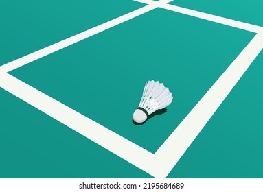 Shuttlecock On White Line On Green Background Badminton Court Indoor Sport Badminton Wallpaper, Vector Illustration EPS 8