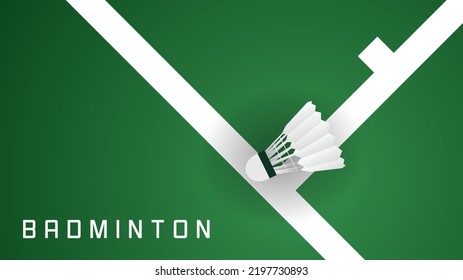 Shuttlecock On White Line On Green Background Badminton Court Indoor Badminton Sports Wallpaper With Copy Space  ,  Illustration Vector EPS 10