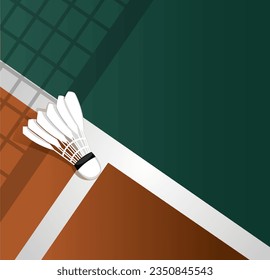 Shuttlecock on white line on green background badminton court indoor badminton sports wallpaper with copy space , illustration Vector EPS 10. Background for poster. Olympic games.