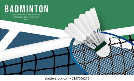 Shuttlecock On The White Net And Court Indoor Badminton Sports Wallpaper   Background  With Copy Space,  Illustration Vector EPS 10