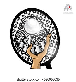 Shuttlecock with racket in center and free style text. Sport logo isolated on white for any badminton team or championship
