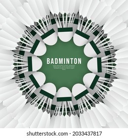 Shuttlecock surrounded in a circle on green background with copy space , Simple flat design style , illustration Vector EPS 10, can use for badminton Championship Logo