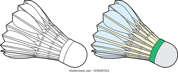 Shuttlecock vector drawing, Cartoon line art and color vector drawing