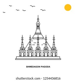 SHWEDAGON PAGODA Monument. World Travel Natural illustration Background in Line Style