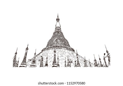 The Shwedagon Pagoda, officially named Shwedagon Zedi Daw and also known as the Great Dagon Pagoda and the Golden Pagoda, is a gilded stupa located in Yangon, Myanmar. Hand drawn sketch in vector.