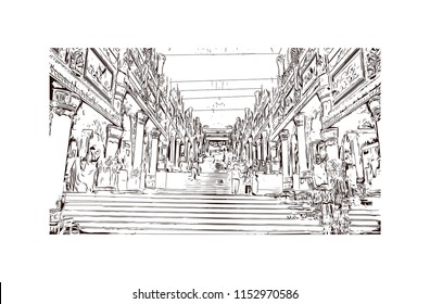 The Shwedagon Pagoda, officially named Shwedagon Zedi Daw and also known as the Great Dagon Pagoda and the Golden Pagoda, is a gilded stupa located in Yangon, Myanmar. Hand drawn sketch in vector.
