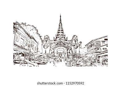 The Shwedagon Pagoda, officially named Shwedagon Zedi Daw and also known as the Great Dagon Pagoda and the Golden Pagoda, is a gilded stupa located in Yangon, Myanmar. Hand drawn sketch in vector.