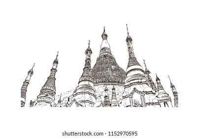 The Shwedagon Pagoda, officially named Shwedagon Zedi Daw and also known as the Great Dagon Pagoda and the Golden Pagoda, is a gilded stupa located in Yangon, Myanmar. Hand drawn sketch in vector.