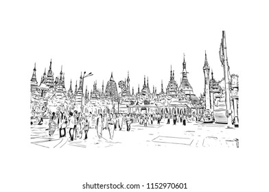 The Shwedagon Pagoda, officially named Shwedagon Zedi Daw and also known as the Great Dagon Pagoda and the Golden Pagoda, is a gilded stupa located in Yangon, Myanmar. Hand drawn sketch in vector.