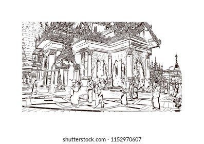 The Shwedagon Pagoda, officially named Shwedagon Zedi Daw and also known as the Great Dagon Pagoda and the Golden Pagoda, is a gilded stupa located in Yangon, Myanmar. Hand drawn sketch in vector.