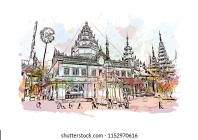 The Shwedagon Pagoda, officially named Shwedagon Zedi Daw and also known as the Great Dagon Pagoda is a gilded stupa located in Yangon, Myanmar. Watercolor splash with Hand drawn sketch in vector.