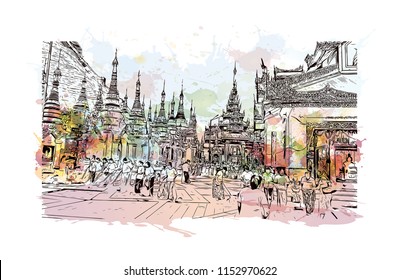 The Shwedagon Pagoda, officially named Shwedagon Zedi Daw and also known as the Great Dagon Pagoda is a gilded stupa located in Yangon, Myanmar. Watercolor splash with Hand drawn sketch in vector.