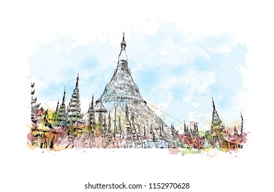 The Shwedagon Pagoda, officially named Shwedagon Zedi Daw and also known as the Great Dagon Pagoda is a gilded stupa located in Yangon, Myanmar. Watercolor splash with Hand drawn sketch in vector.