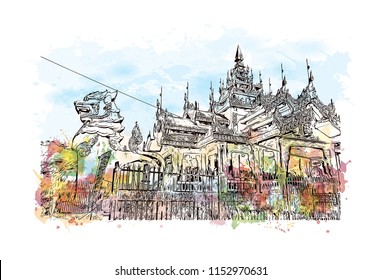 The Shwedagon Pagoda, officially named Shwedagon Zedi Daw and also known as the Great Dagon Pagoda is a gilded stupa located in Yangon, Myanmar. Watercolor splash with Hand drawn sketch in vector.