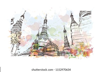 The Shwedagon Pagoda, officially named Shwedagon Zedi Daw and also known as the Great Dagon Pagoda is a gilded stupa located in Yangon, Myanmar. Watercolor splash with Hand drawn sketch in vector.