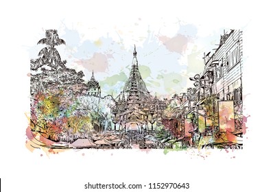 The Shwedagon Pagoda, officially named Shwedagon Zedi Daw and also known as the Great Dagon Pagoda is a gilded stupa located in Yangon, Myanmar. Watercolor splash with Hand drawn sketch in vector.