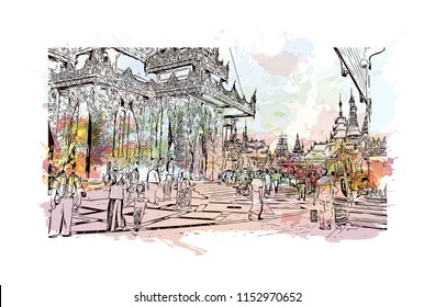 The Shwedagon Pagoda, officially named Shwedagon Zedi Daw and also known as the Great Dagon Pagoda is a gilded stupa located in Yangon, Myanmar. Watercolor splash with Hand drawn sketch in vector.